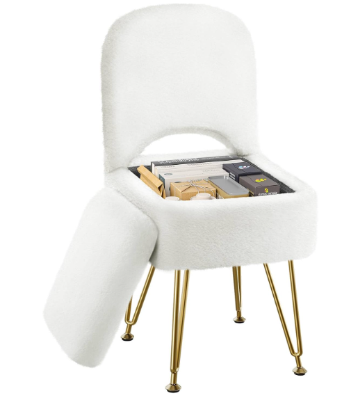 GREENSTELL Small Vanity Stool Chair with Storage and Folding Back, 13.4" x 15" x 30" Square Faux Fur Soft Ottoman, 4 Metal Legs with AntiSlip Feet, Furry Padded Seat for Makeup, Bedroom, White