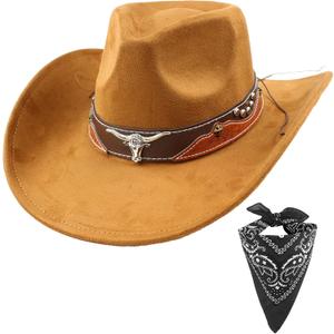 Carnavalife Cowboy Hat for Women Men with Wide Brim Western set with black bandana for Cowboys and Cowgirls (Brown)