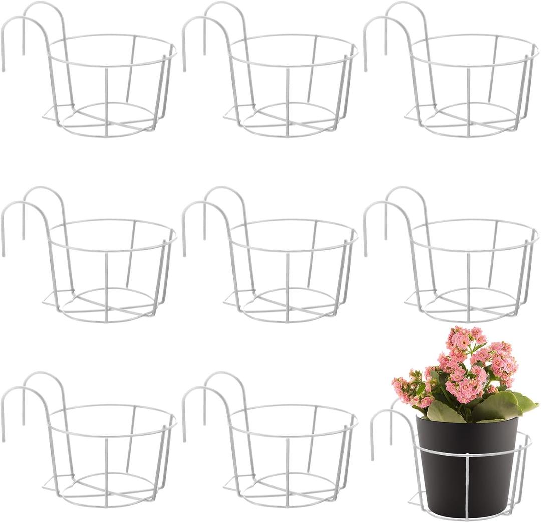 8 Pcs Round Hanging Railing Planters Metal Flower Pot Holders Iron Rack Fence Railing Planters Outdoor Balcony Hanging Flower Stand Shelf Container for Indoor Outdoor Garden (White,6.3 Inch)