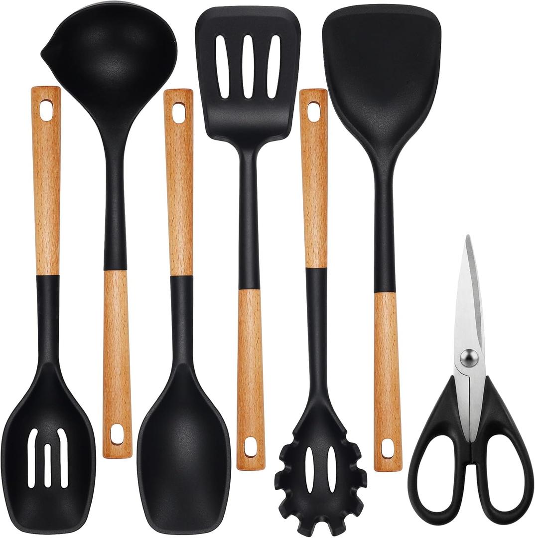 QMVESS Silicone Cooking Utensils Set, Kitchen Utensils Set 7 Pcs with Long Wooden Handle, Food Grade and Heat Resistant Large Silicone Spatula Set for Nonstick Cookware, BPA FreeBlack