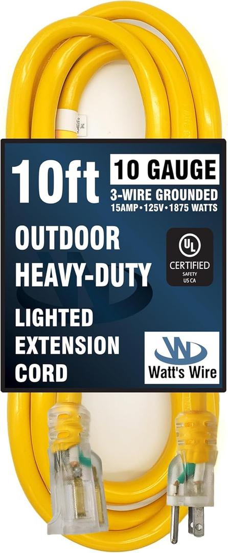 10 ft - 10 Gauge Heavy Duty Extension Cord - Lighted SJTW - Indoor/Outdoor Extension_Cord by Watt's Wire - 10' 10-Gauge Grounded 15 Amp ExtensionCord Splitter (Yellow)