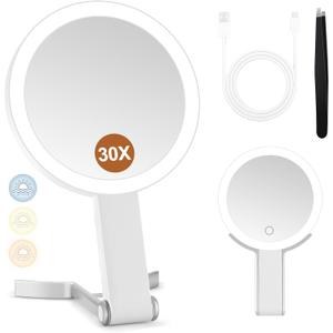 MIYADIVA Magnifying Mirror with Light, Double Sided 30X/1X Lighted Travel Makeup Mirror with Magnification, 3 Color Lighting, Dimmable Touch Screen, Adjustable & Foldable Hand Mirror (White)