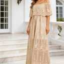 Women's Casual Off Shoulder Lace Maxi Dress Boho White Bridesmaid Wedding Evening Party Dresses (Beige, XXL)