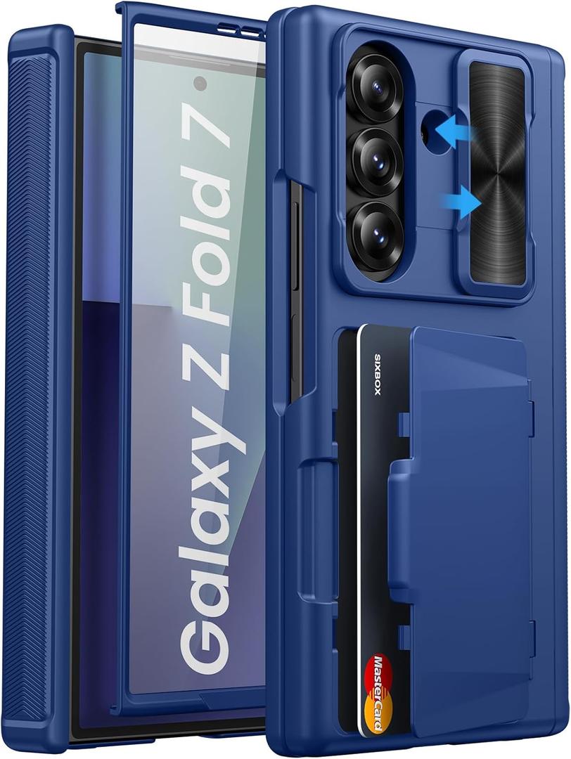 for Samsung Galaxy Z Fold 7 Case Wallet, Built-in & Camera Cover & Card Holder & Hinge Protection & Screen Protector, Rugged Full Body Protective Phone Case for Galaxy Z Fold 7 2025, Blue