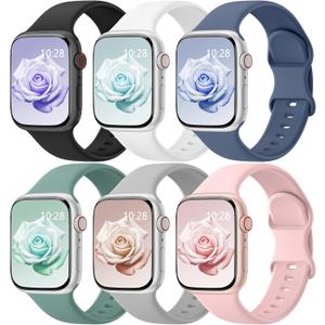 6 Pack Sport Bands Compatible with Apple Watch Bands 38mm 40mm 41mm 42mm 44mm 45mm 46mm 49mm for Women Men, Soft Wristband Silicone Sport Strap for iWatch Bands Series 11 10 9 8 7 6 5 4 3 2 1 Ultra SE
