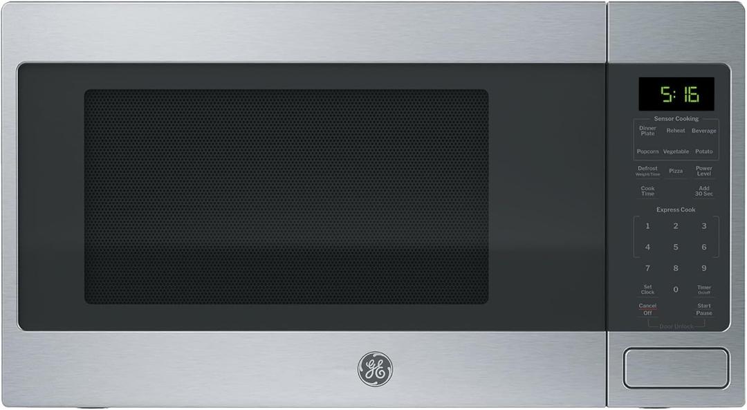 GE Countertop Microwave Oven, 1,150-watt Capacity, 1.6 Cubic Ft., 8 Auto Setting Cooking Settings, Child-Lock Technology, Kitchen Essentials for the Countertop, Dorm Room or Apartment, Stainless Steel