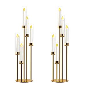 Gold Candelabra with Glass Cylinders for Real Candles 5 Arms Metal Candle Holder Wedding Event Party Home Decoration Centerpiece (2, M)