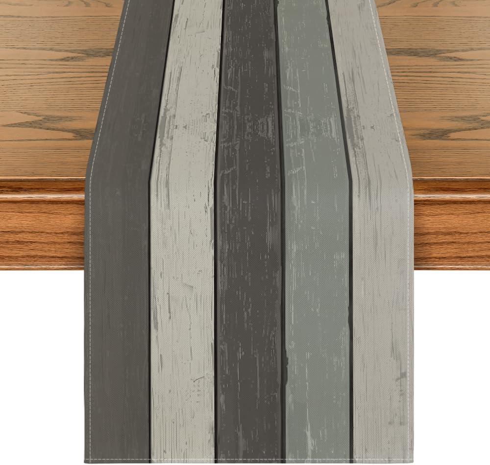 Artoid Mode Grey Retro Rustic Wood Texture Table Runner, Seasonal Kitchen Dining Table Decoration for Home Party Decor 13x72 Inch