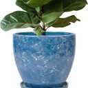Ceramic Flower Pot - 10 Inch Planter with Drainage Hole and Saucer, Modern Large Planters, Decorative Plant Pot for Indoor Ourdoor, Room Home Garden Porch Decor, Plant Lover Gifts, Blue