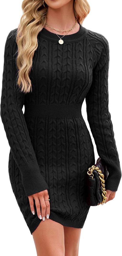 ZAFUL Womens Cable Knit Sweater Dress Long Sleeve Crew Neck Winter Bodycon Mini Fall Dresses 2025 (Small)
