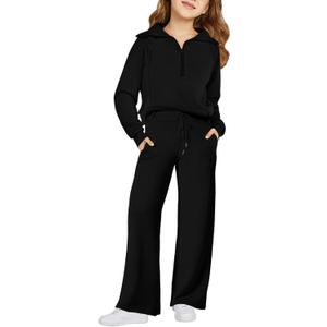 Haloumoning Girls 2 Piece Outfits Sweatsuit Half Zip Long Sleeve Sweatshirts Sweatpants Tracksuit Sets 5-14 years (Black)