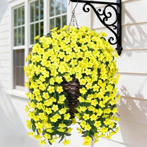 HyeFlora Artificial Fake Hanging Outdoor Flowers Plants Basket, Faux Silk Yellow Daisy Flowers UV Resistant Realistic Hanging Planter Orchid Vines for Outside Porch Patio Home Garden Yard Decoration