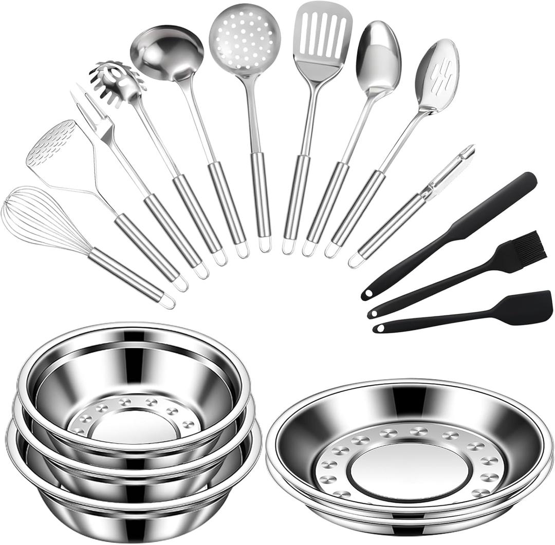 18 Pcs Silver Stainless Steel & Silicone Cooking Utensils Set, All-In-One Kitchen Tool Set with Mixing Bowls & Plates, Heat Resistant & Easy to Clean