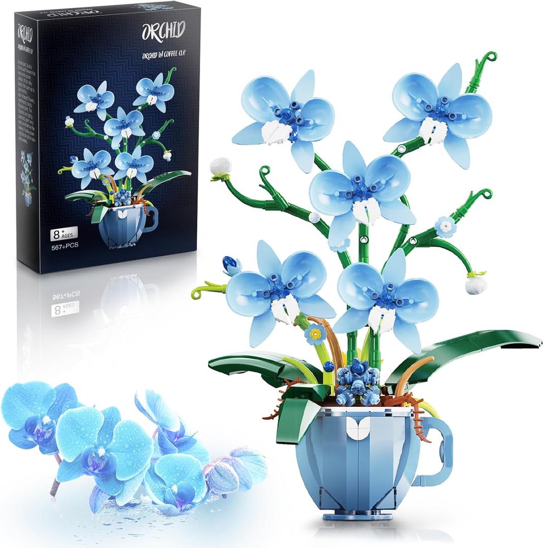 Blue Orchid Flower Building Set with Vase for Adults, Compatible with Lego Botanical Flowers, 567pcs Ideas Plant Collection Toys for Home and Office Decor, Gifts for Christmas Mother's Day
