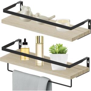 Home Decor Floating Shelves, Wall Shelves with Towel Bar, Bathroom Wall Decor, Floating Shelves Wood for Living Room/Kitchen/Bedroom, (Black-Natural) Floating Bathroom Shelves