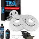 TRQ Front Brake Pad & Rotor Kit Performance Ceramic Premium G-Coated Slotted X Drilled Compatible with 2000-2006 Audi A4 1999-2006 A4 Quattro 2002 S4 2000-2004 Volkswagen Passat