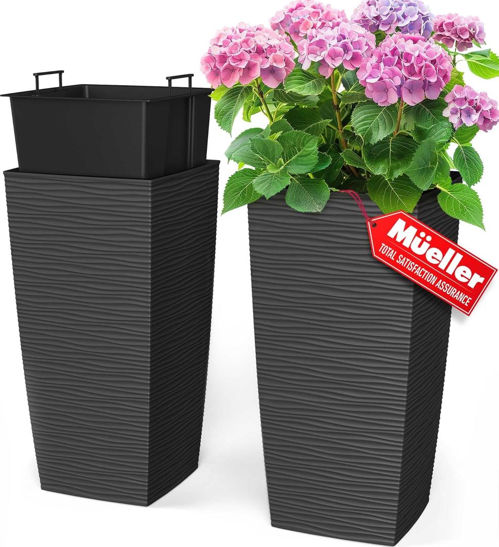 Mueller Janska M-Resin Heavy Duty Tall Planter, Indoor/Outdoor Grande Plant, Tree, Flower Pot, 2-Piece Set, 24”, Modern Design, Built-in Drainage, Dark Gray