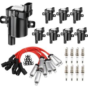 Round Coils Pack & Spark Plugs with Wires Compatible with Chevy Tahoe | Avalanche Express Silverado Suburban 1500 2500 3500/GMC Savana Sierra Yukon H2 Replace#UF262 D585 C1251