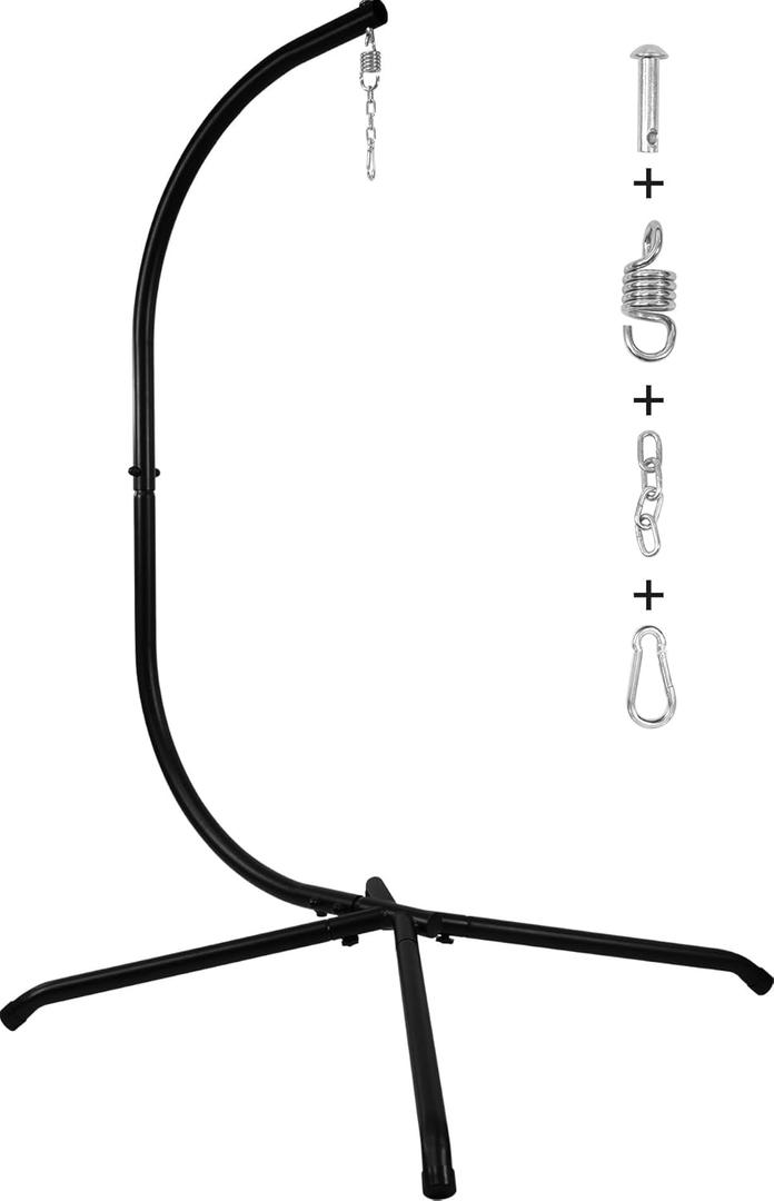 Elevon Hammock Chair Stand Only, Hanging Hammock Swing Stand for Outside with Buckle and Spring Hook, 400lb Capacity Heavy Duty Steel C-Stand with Stable Base for Egg Chair Outdoor Indoor (White) (Midnight)