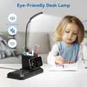 KDD 4 in 1 Desk Lamp with Wireless Charger - 360 Rotating Gooseneck Small Table Lamp with Pen Holder & Phone Stand, Adjustable White and Warm Light Dual Mode LED Desk Light for College Dorm Room