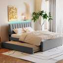 Queen Size Platform Bed with Trundle for Kids Teens Adults, Teddy Fleece Bed Frame with Upholstered Headboard for Bedroom, Gray