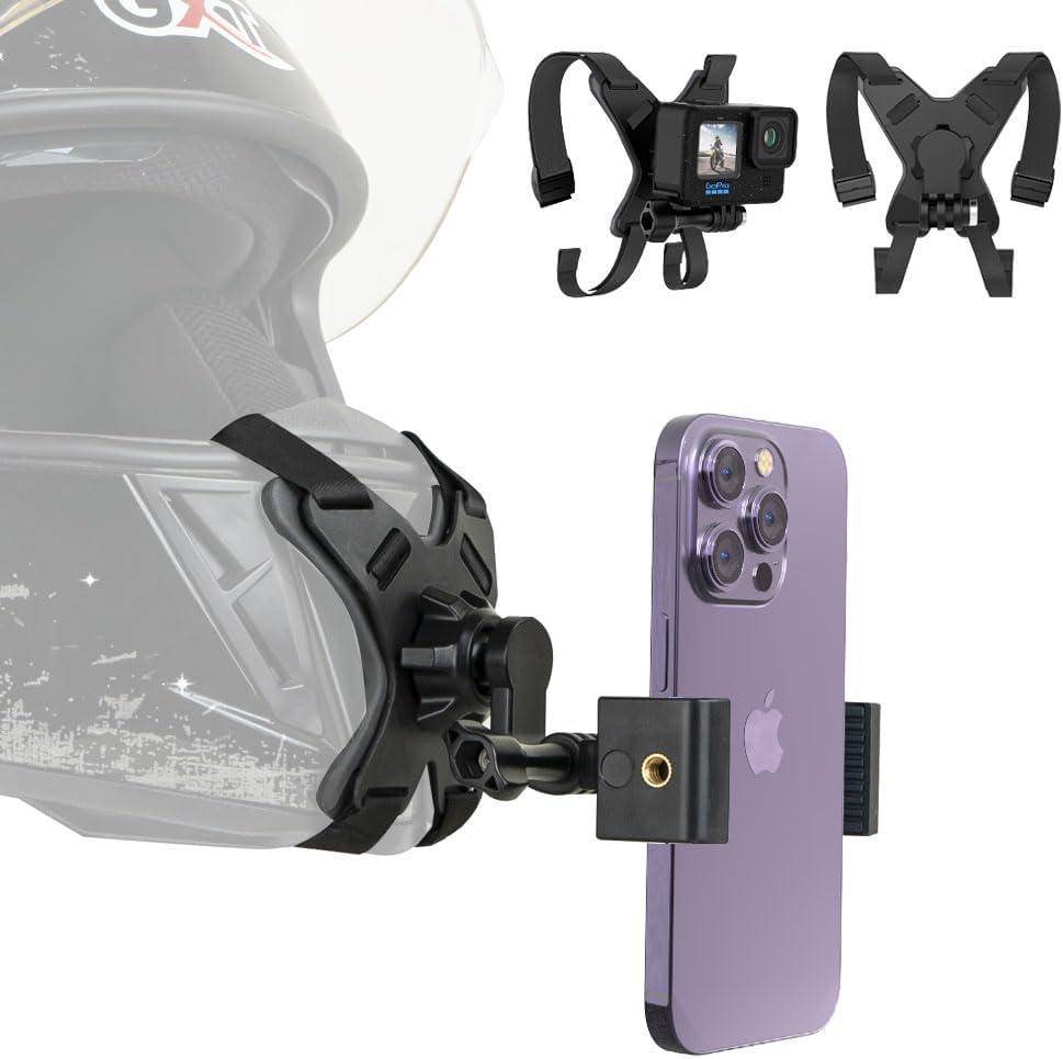 SOH Motorcycle Helmet Chin Strap Mount with Phone Clip, Adjustable Strap Helmet Phone Holder Mount for iPhone 17/16 Pro Max/15/14, Google, Samsung, LG, Pixel, Huawei, Xiaomi,All Smartphones