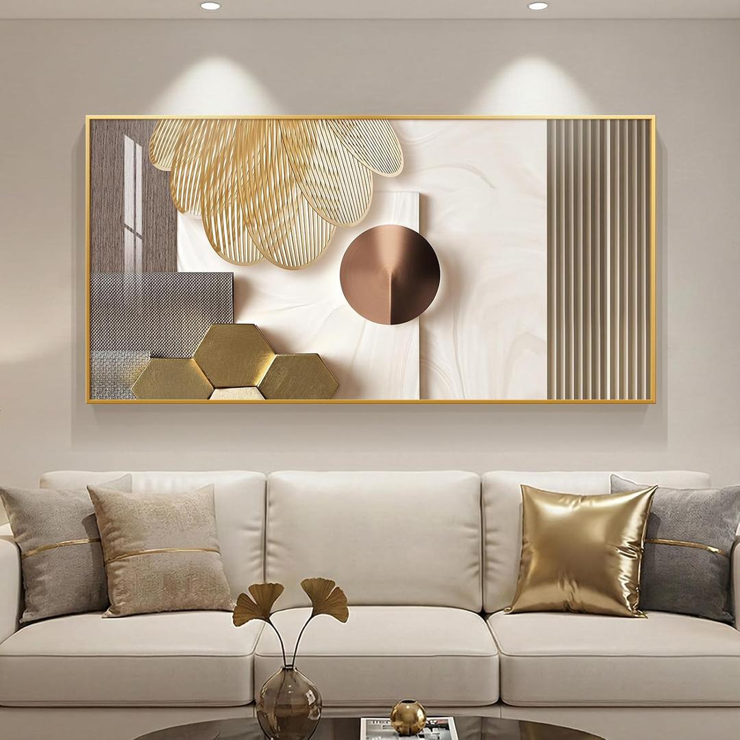 Large Framed Modern Luxury Gold Wall Art for Living Room, Horizontal Bright Style Artwork for Walls, Contemporary Geometric Picture Prints Painting Decor for Bedroom Hallway Dining Room 60x30 Inch, 28.5"L x 57"W