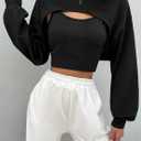 LovelyWholesale Women Cropped Hoodie Zip Up Long Sleeve Crop Top Sweatshirts (Black, XL)