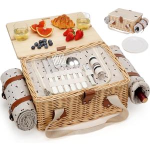 HappyPicnic Picnic Basket for 2, Handmade Wicker Picnic Set with Folding Table and Waterproof Blanket, Large Insulated Picnic Basket with Bag & Cutlery Kit for Picnic, Camping, Holidays (Cherry)