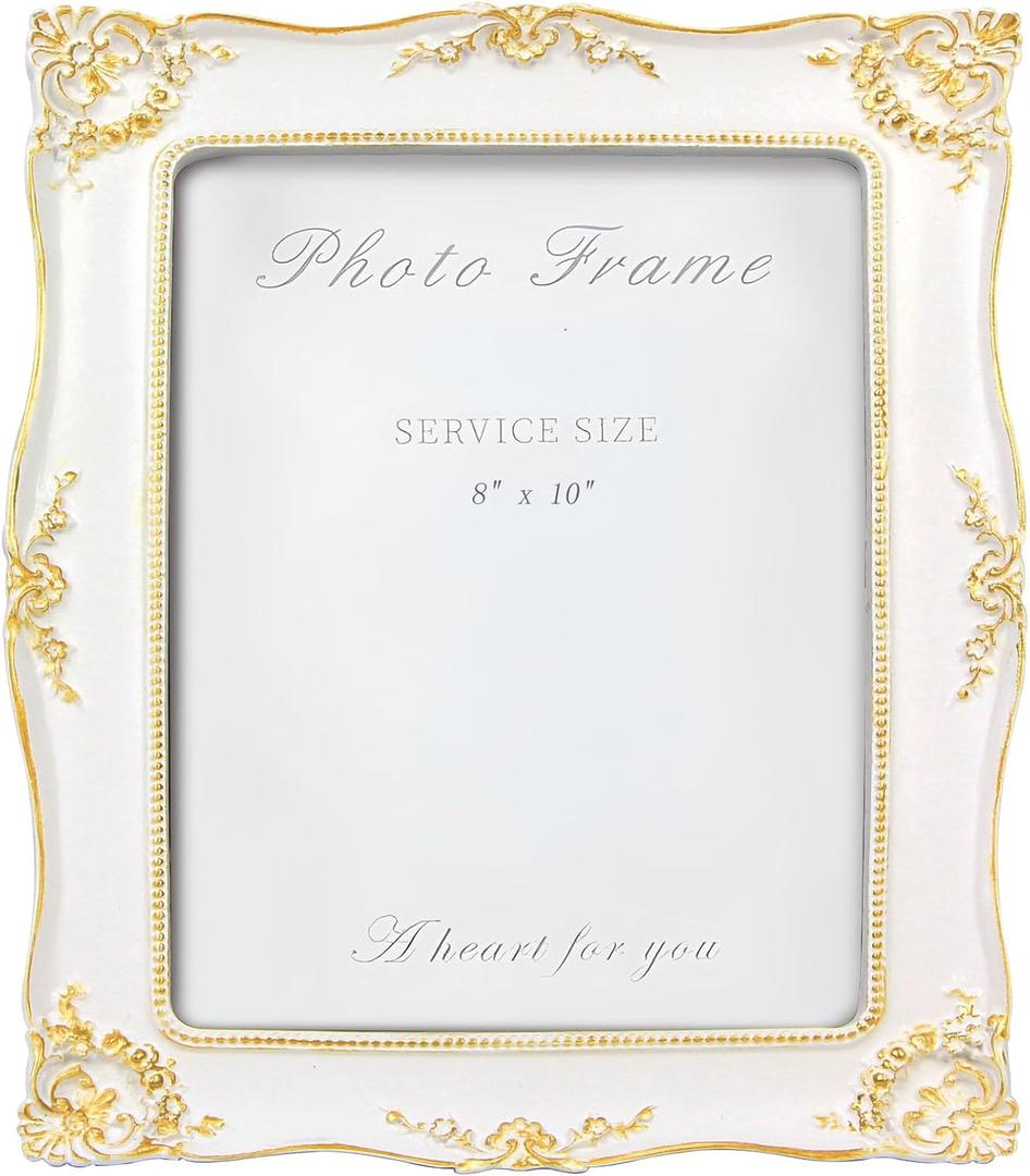 8x10 White Ornate Picture Frame Vintage, Elegant Antique Photo Frames with with Glass&Hook, Vine Pattern, Tabletop Wall Hanging, Gift ldeas for Home Decor (White)