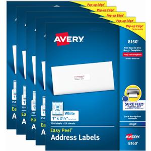 Avery Easy Peel Printable Address Labels with Sure Feed, 1" x 2-5/8" Customizable Stickers, White, 3,750 Blank Mailing Labels, Great for Mailing, Shipping, and More (5-Pack of 8160)