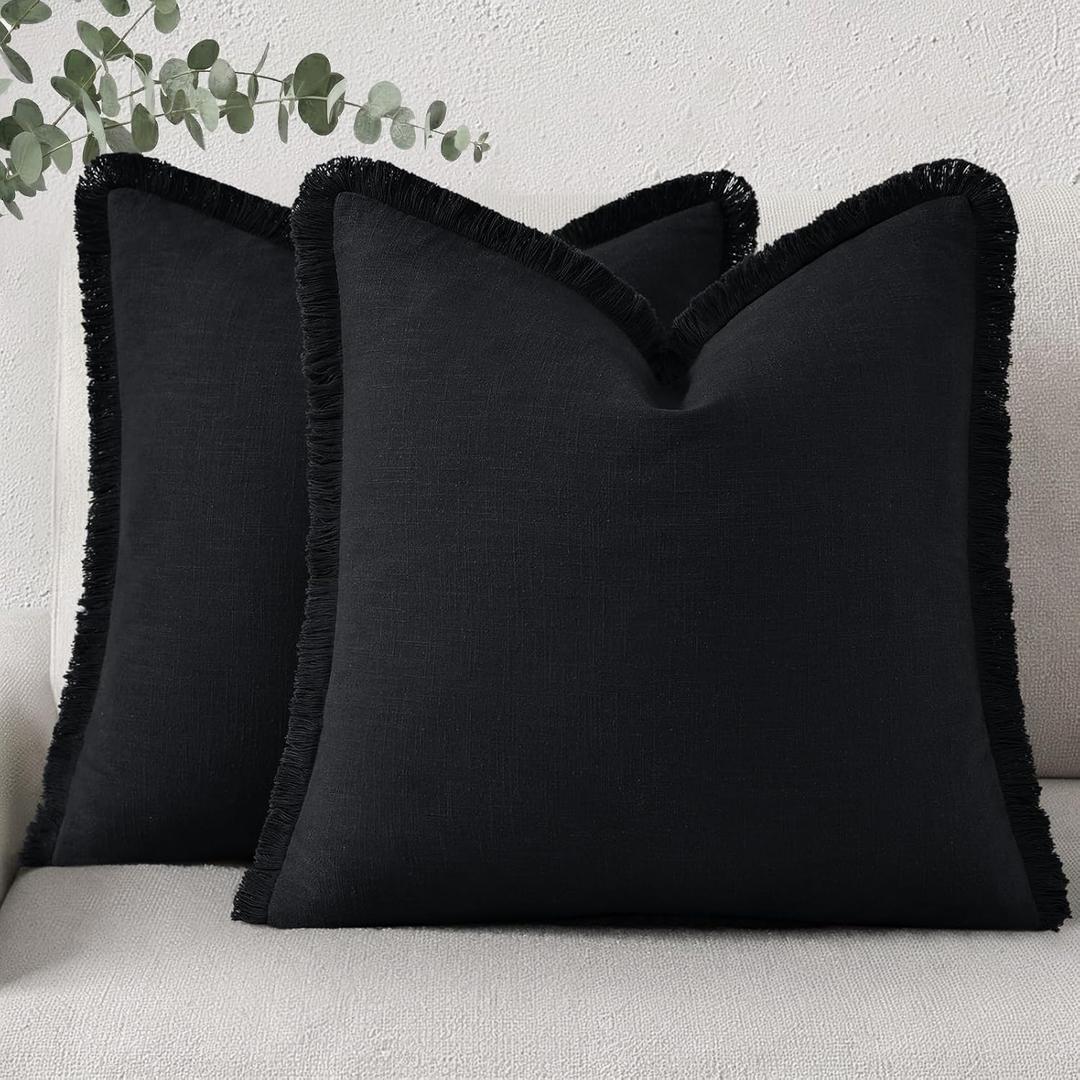 DecorUhome Summer Decorative Neutral Linen Fringe Euro Sham Throw Pillow Covers Set of 2 Black Pillow Covers with Tassels Soft Farmhouse Boho Accent Pillow Cases for Couch Bed Sofa 24x24 Inch