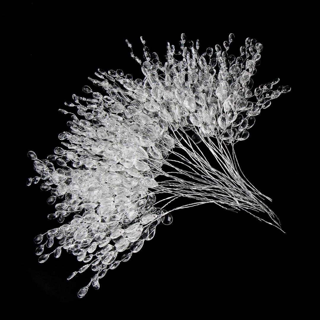 FOIMAS 50 Pcs Acrylic Bead Drop Stems Flower Bouquet Crystal Bud Branches Flower Twig Pick for Wedding Home Decoration Floral Decor Craft Supply
