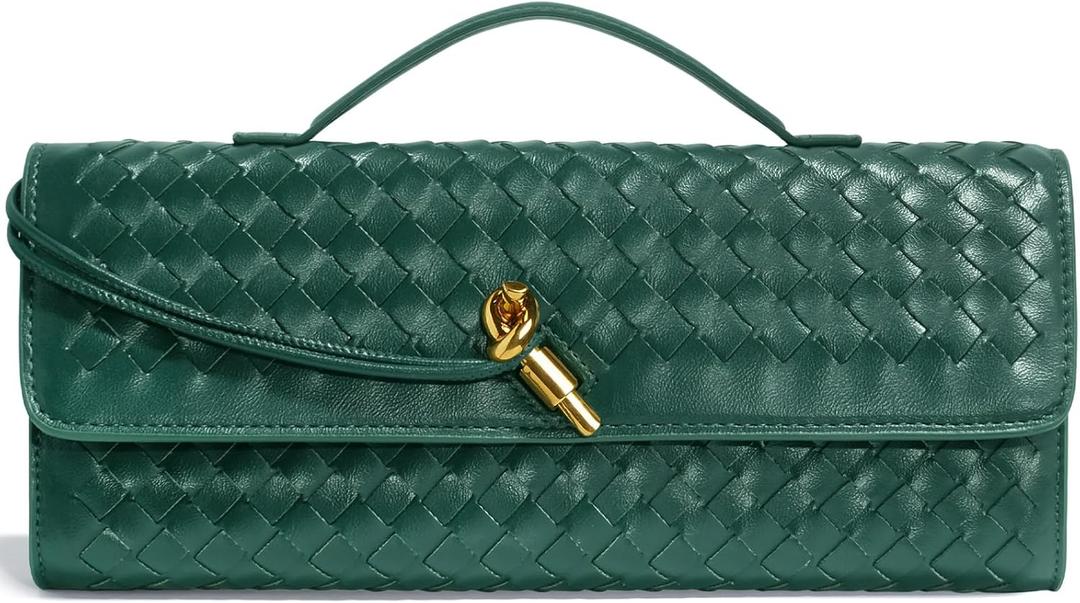 Woven Clutch Purses for Women, Formal Satchel Leather Evening Bag Shoulder Handbag (Emerald Green)