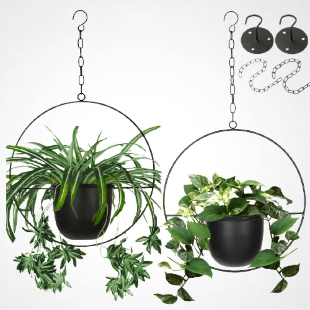 2 Pack Hanging Planters for Indoor Plants with 5.5" Pot + Ceiling Hook + Extender Chain | Hanging Plant Holder, Metal Minimalist Planter, NO Plant incld (Black)