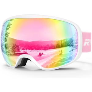 Ski Goggles Snowboard Goggles for Men Women Adults Youth,Over Glasses OTG/100% UV Protection/Anti-fog/Wide Vision (A06-white/Revo Pink(vlt 46%))