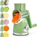 SUSTEAS Rotary Cheese Grater with Handle,Vegetable Slicer with 6 Interchangeable Blades, Reinforced Suction,Easy to Clean,Kitchen Chopper for Crushed Ice,Fruits and Nuts with Blade Storage Case,Green