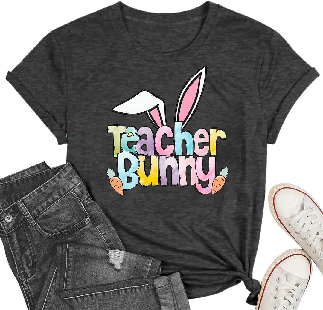 Easter Shirts for Women Happy Teacher Bunny Print Tshirt Funny Rabbit Carrot Graphic Tee Top (Large, Grey)