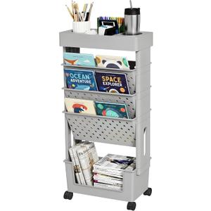 5-Tier Mobile Bookshelf, Rolling Bookcase Book Storage Rack, Movable File Folder Organizer Cart with Wheels for Home Study Office Living Room Classroom, Gray