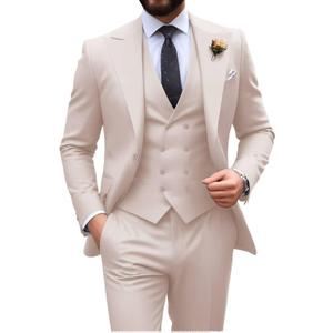 Mens Suit Slim Fit 3 Piece Double Breasted Suit Men Formal Tuxedo Set Casual Wedding Prom Groom Suits (Medium, Beige)