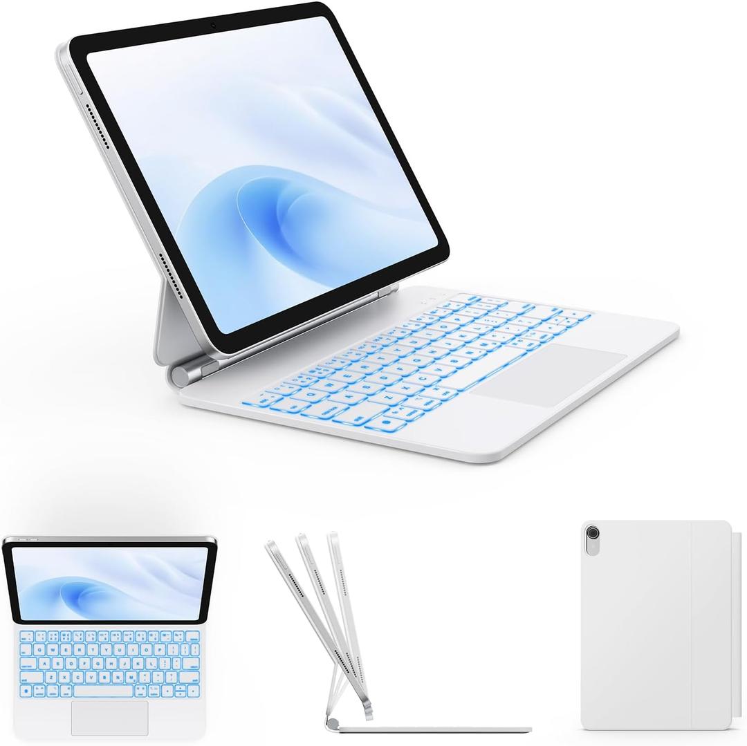 GreenLaw for iPad 11th(A16,2025)/10th(2022) Generation Case with Keyboard, Magic-Style Keyboard Stand, 7 Color Backlit, Stain-Resistant Surface, Multi-Touch Trackpad, White
