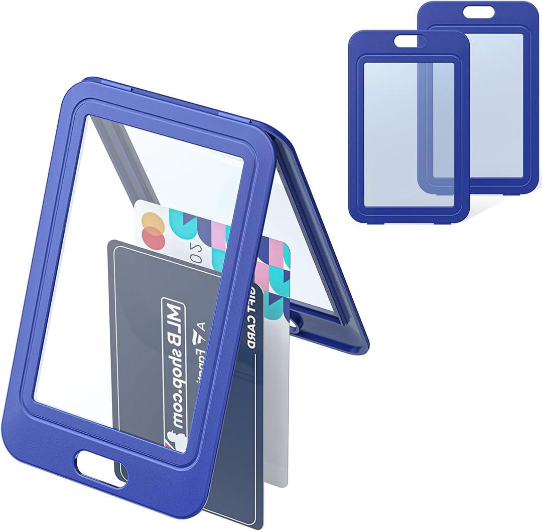 Uniclife 3 Pack ID Badge Holder with Double-Sided Windows Vertical Hard Plastic Case Blue Card Protector Pouch for Office School ID Credit Cards Proximity Key Cards Drivers Licenses and Passes