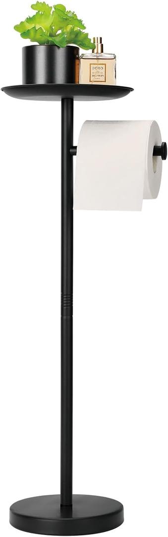 Toilet Paper Holder Stand with Shelf on Top, Black TP Roll Holder Floor Standing, Sturdy Base (Black)