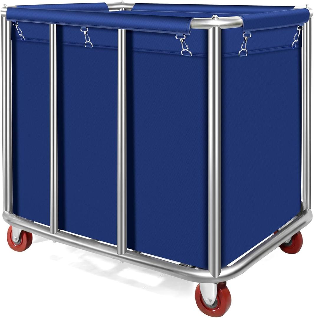 Commercial Laundry Cart with Wheels 11.35 Bushel Industrial Laundry Carts Basket Trucks Heavy Duty Large Laundry Carts Hampers Reinforced Steel Frame,440 lbs Load, Blue