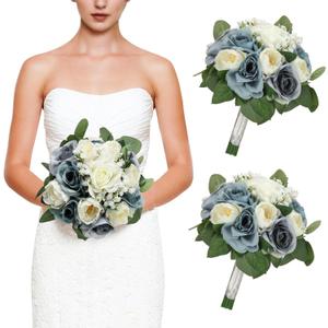 Set of 2 Bridesmaid Bouquets, 11 Inch Wedding Bouquets for Bridesmaids Artificial Flower Bouquets for Wedding Ceremony Bridal Shower Decorations - Dusty Blue & White