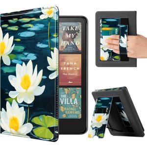 CoBak Stand Case for 7" Kindle Paperwhite 12th Gen 2024 and Kindle Colorsoft with Hand Strap - Compatible with iPhone MagSafe, for Samsung/Belkin/Anker Wireless Charging Pads, Durable, Auto Sleep Wake (Lotus Flower)