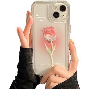 Casechics Compatible with iPhone Case,Cute Tulip Rose Flower Flower Camera Lens Protection Clear Soft Shockproof Cover Phone Case for Women Girls (Pink,iPhone 15 Plus)