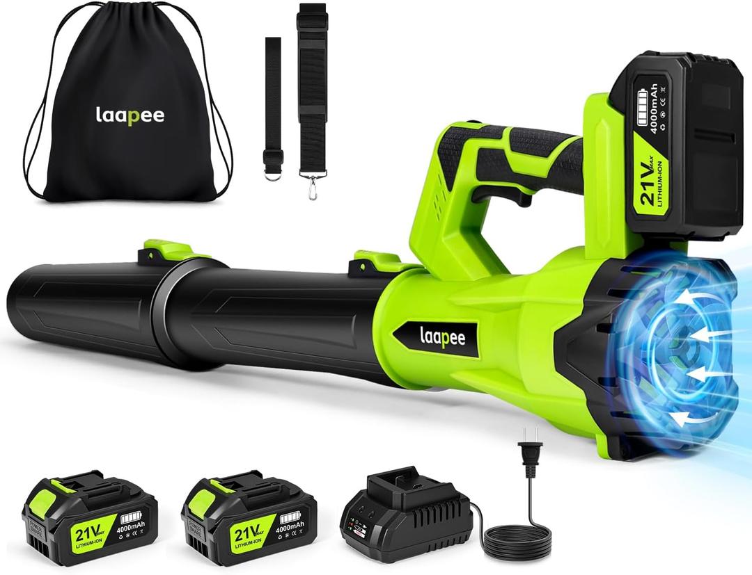 Leaf Blower Cordless,Electric Leaf Blower with 2 4.0Ah Battery Powered and Fast Charger, Lightweight Cordless Blowers for Spring Lawn Care and Dust,6 Speed Control (Green/2 Batteries)