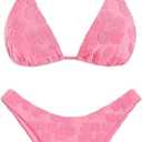 seamoly Women's Bikini Sets Toweling Jacquard Textured Halter Two Piece Swimsuits Open Back Cheeky High Cut Bathing Suit (Pink, M)