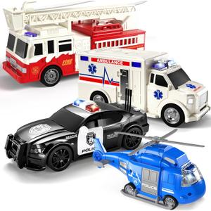 TEMI 4 Pack Emergency Vehicle Toys for Kids 3 4 5 6 7 8 Years Old, Helicopter, Police Car, Fire Truck, Ambulance Friction Powered Toys for Toddlers, Gifts for Age 3-12 Boys Girls
